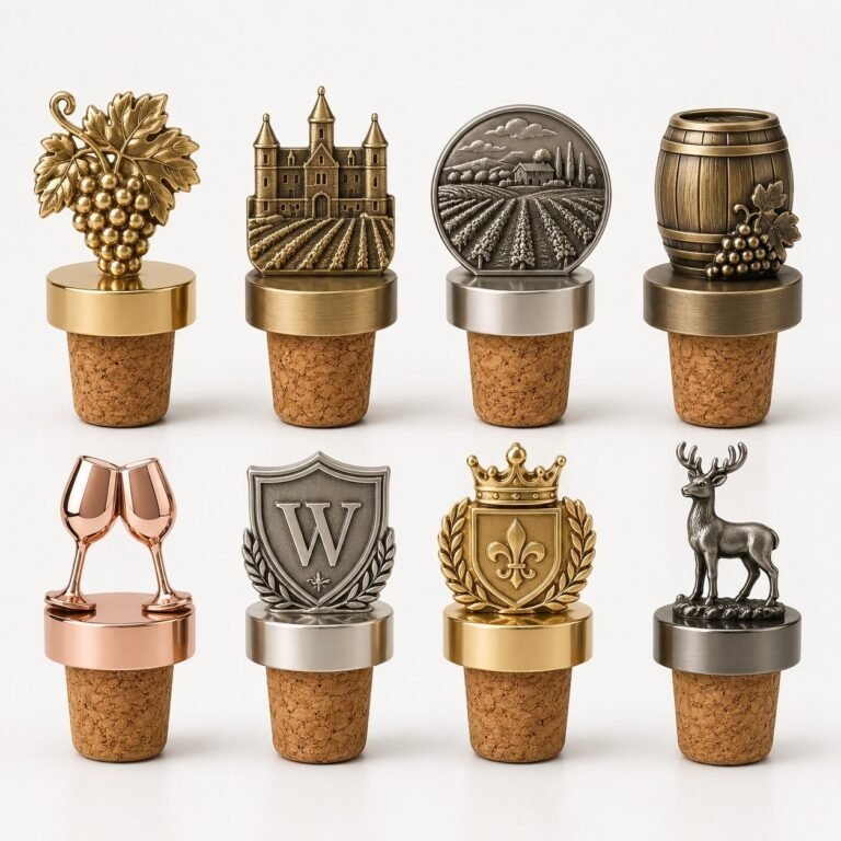 Eight zinc alloy topped wine stoppers with natural cork bodies in gold, silver and rose gold finishes, including grape, castle, barrel, wine glass, crest and deer designs