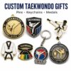 One taekwondo design made into medal keychain badge and fridge magnet