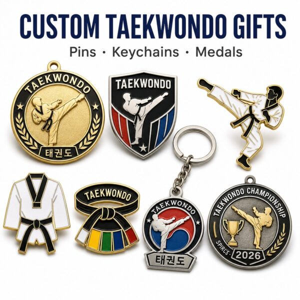 One taekwondo design made into medal keychain badge and fridge magnet