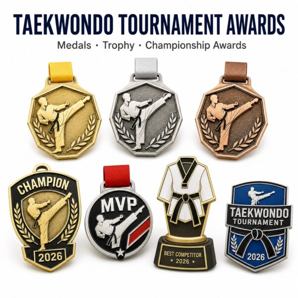 One taekwondo design made into medal keychain badge and fridge magnet