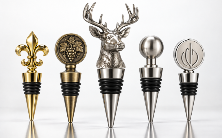 Custom metal wine stoppers in zinc alloy, stainless steel and decorative finishes