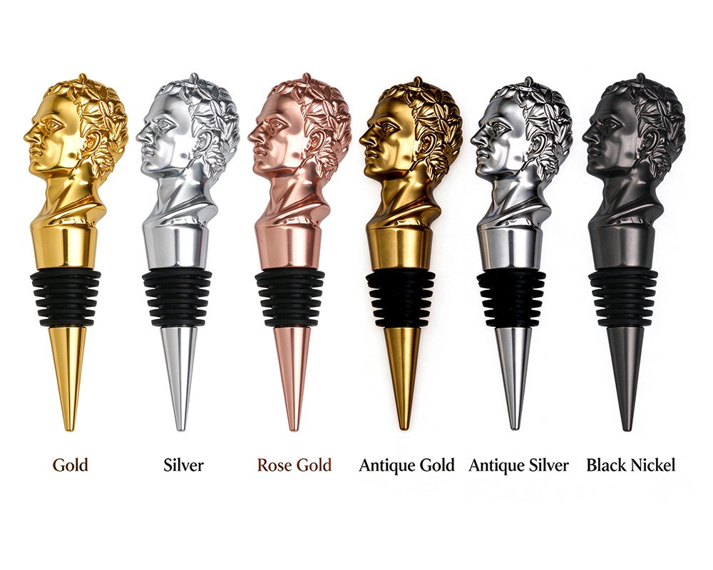 Custom wine stopper plating options in gold silver and antique finishes