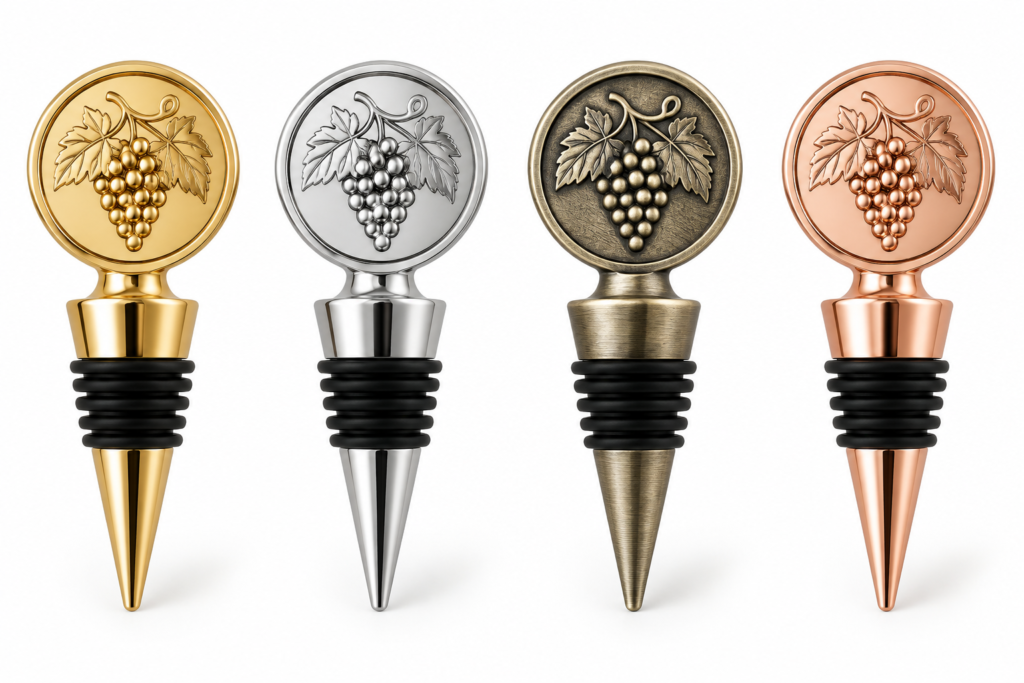 Personalized wine stoppers with custom metal designs