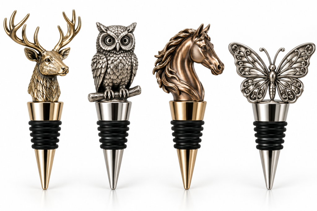 Metal wine stoppers with different plating finishes