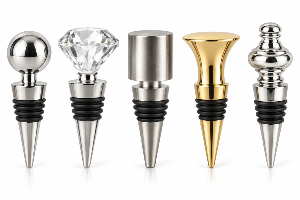 3D zinc alloy wine stoppers with decorative metal tops