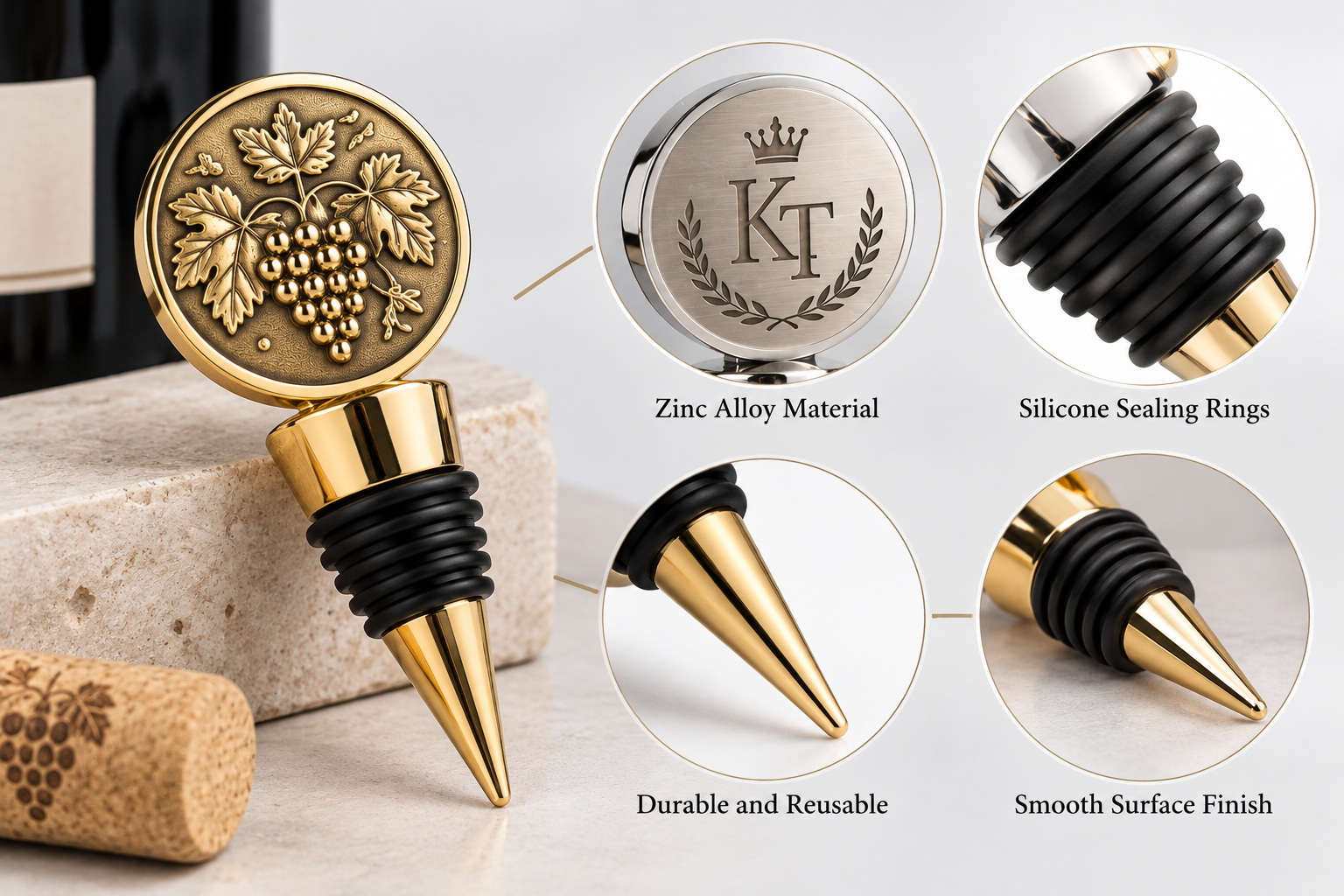 A gold plated zinc alloy wine stopper with black silicone sealing rings shown beside a natural cork stopper, with close-up callouts for the zinc alloy material, silicone sealing rings and smooth surface finish