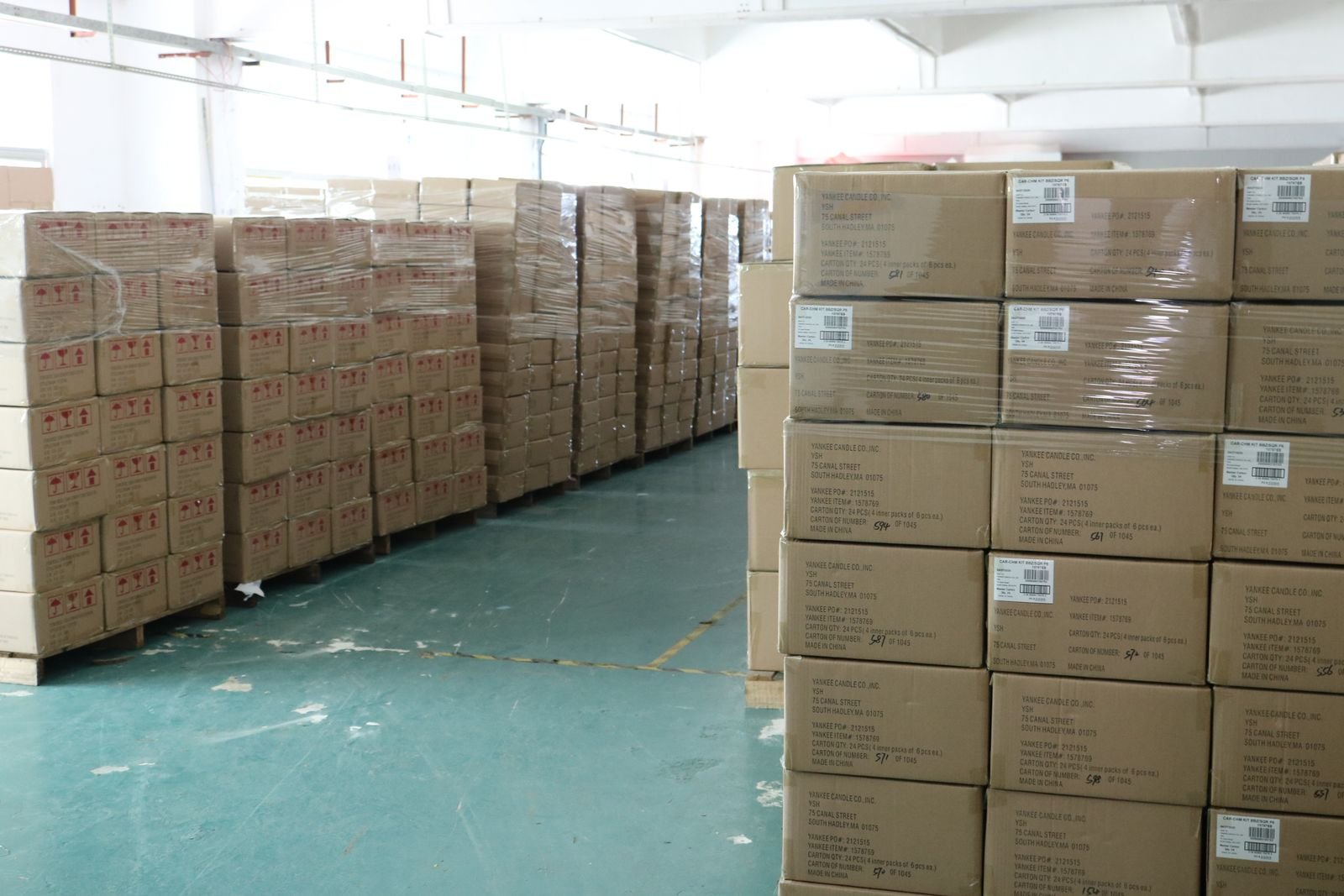 Palletised cartons of finished metal gifts in the Kingtop warehouse ready for export