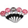 Custom fan shaped badge collection with printed round label designs