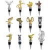 Collection of custom deer head wine pourers and stoppers in gold and silver finish