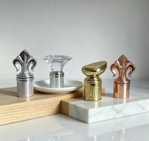Custom metal wine stoppers displayed on wood risers for retail presentation