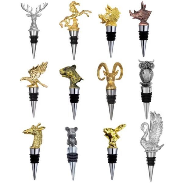 Collection of custom deer head wine pourers and stoppers in gold and silver finish