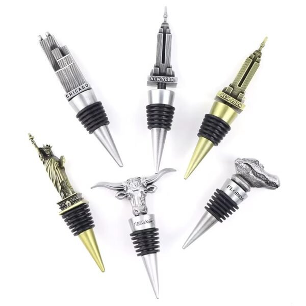 Souvenir wine stoppers with tourist landmark toppers in gold and silver