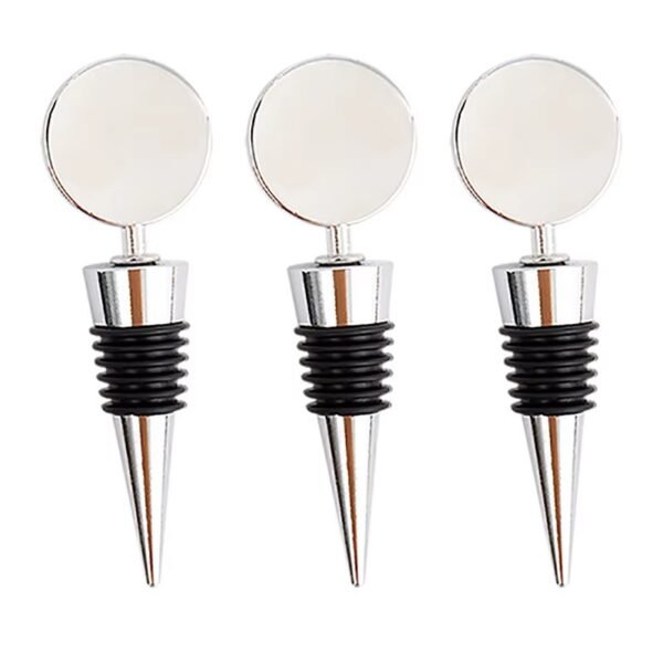 Plain silver wine stoppers with round branded cap tops