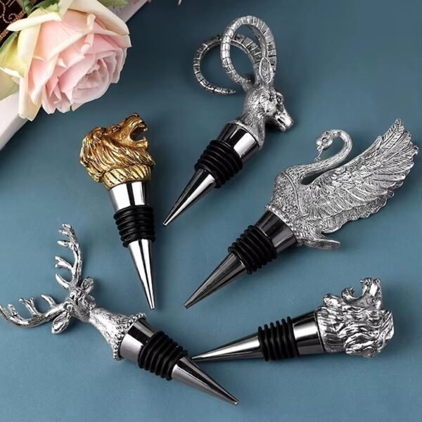 Rose gold deer head wine pourer inserted into a wine bottle
