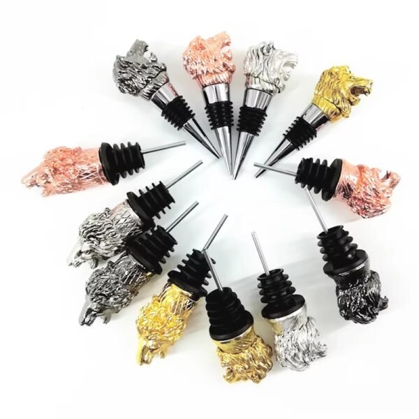 Collection of metal wine stoppers with animal head designs in varied finishes