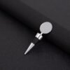 Silver wine stopper with round branded cap shown on black background
