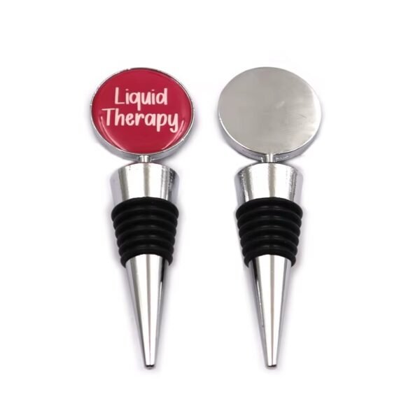 Personalized wine stopper with Liquid Therapy round branded cap