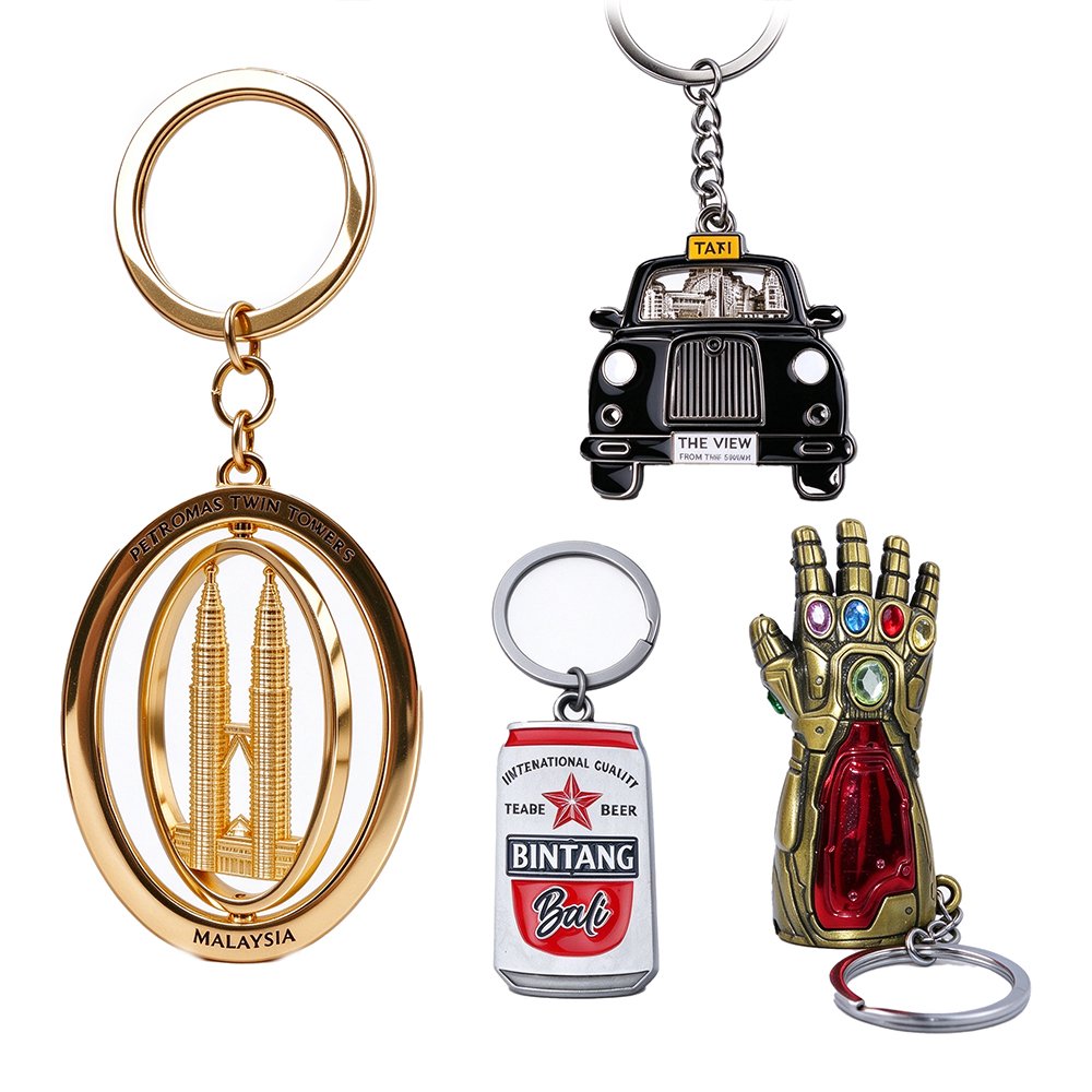 Custom metal keychains - Petronas Twin Towers, taxi, beer bottle opener and hand gesture designs