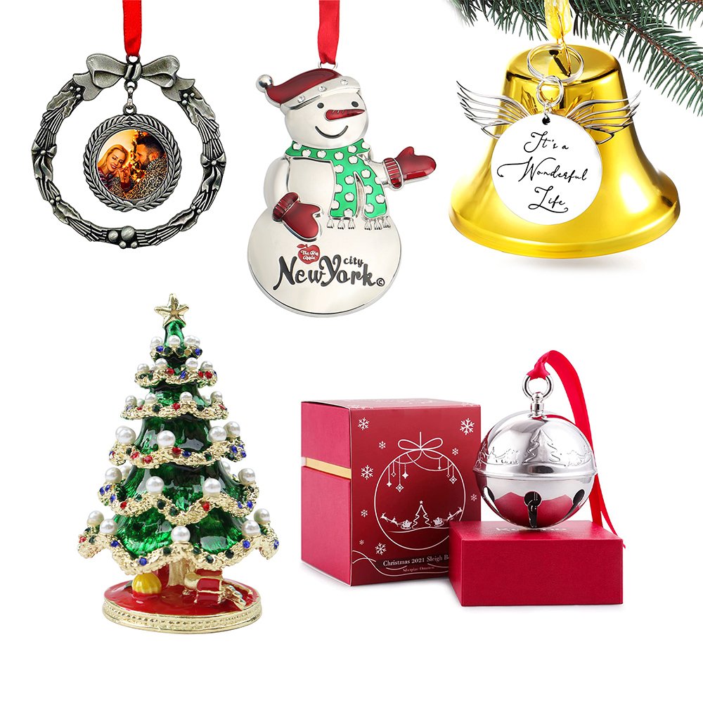 Christmas metal gift ornaments - wreath, snowman, golden bell, decorated tree and bauble