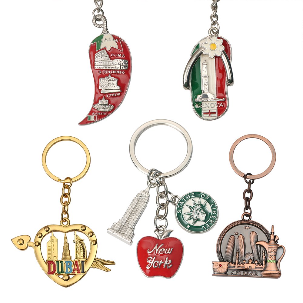 Travel souvenir keychains - Rome, Genoa, Dubai, New York and Abu Dhabi city designs
