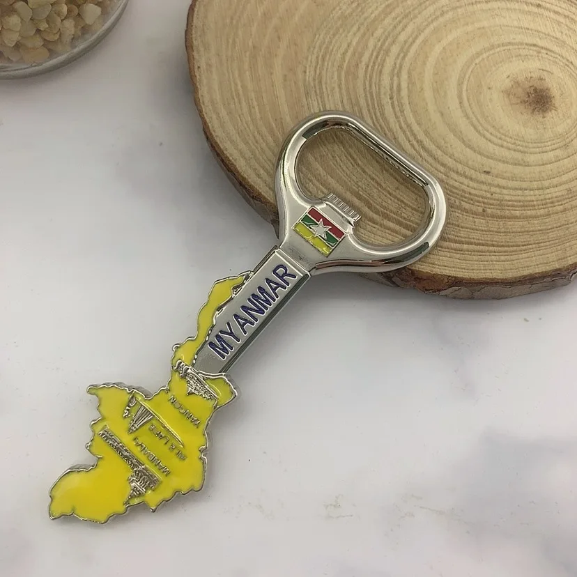 Custom 3d Beer Bottle Opener Myanmar Country Tourist Souvenir Enamel Metal Bottle Opener Fridge Magnet