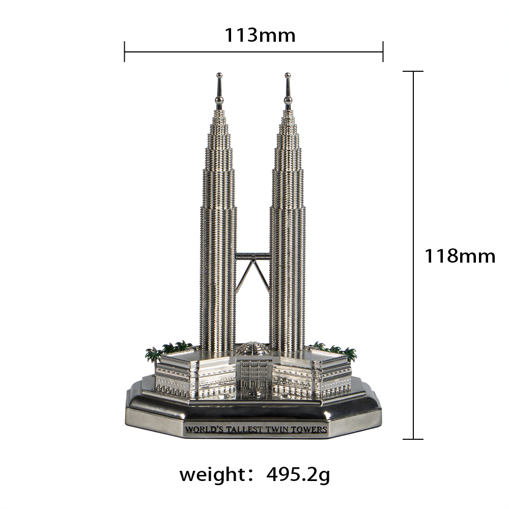 Customized Silver Petronas Twin Towers 3D Building Model Enamel Die-Cast Alloy with Plating Painting Malaysian Souvenir