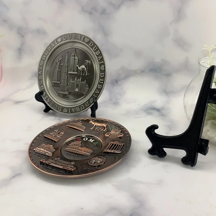 Custom 3D Plate Antique Pewter Dubai Building Tourist Souvenir Metal Souvenir Plate