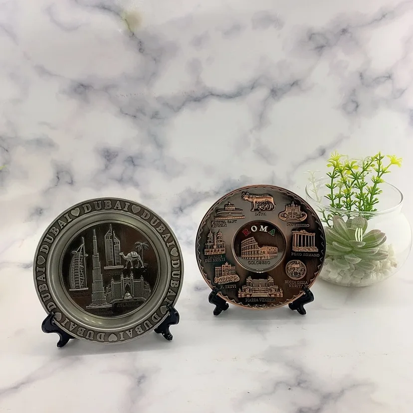 Custom 3D Plate Antique Pewter Dubai Building Tourist Souvenir Metal Souvenir Plate