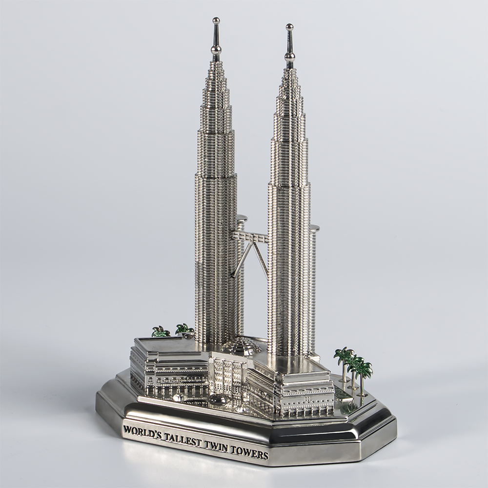 Customized Silver Petronas Twin Towers 3D Building Model Enamel Die-Cast Alloy with Plating Painting Malaysian Souvenir