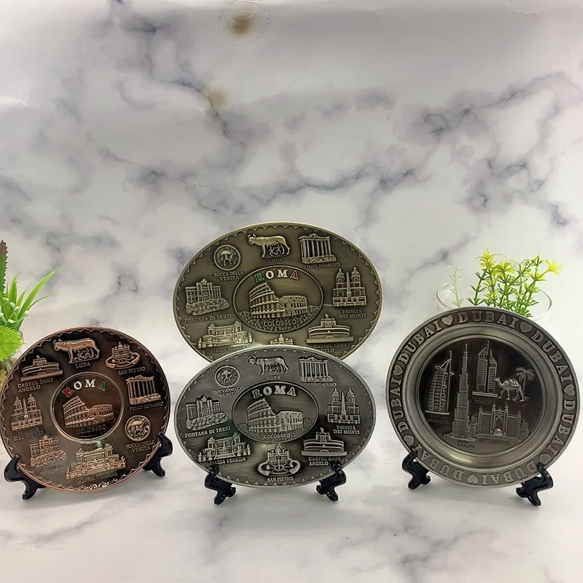 Custom 3D Plate Antique Pewter Dubai Building Tourist Souvenir Metal Souvenir Plate